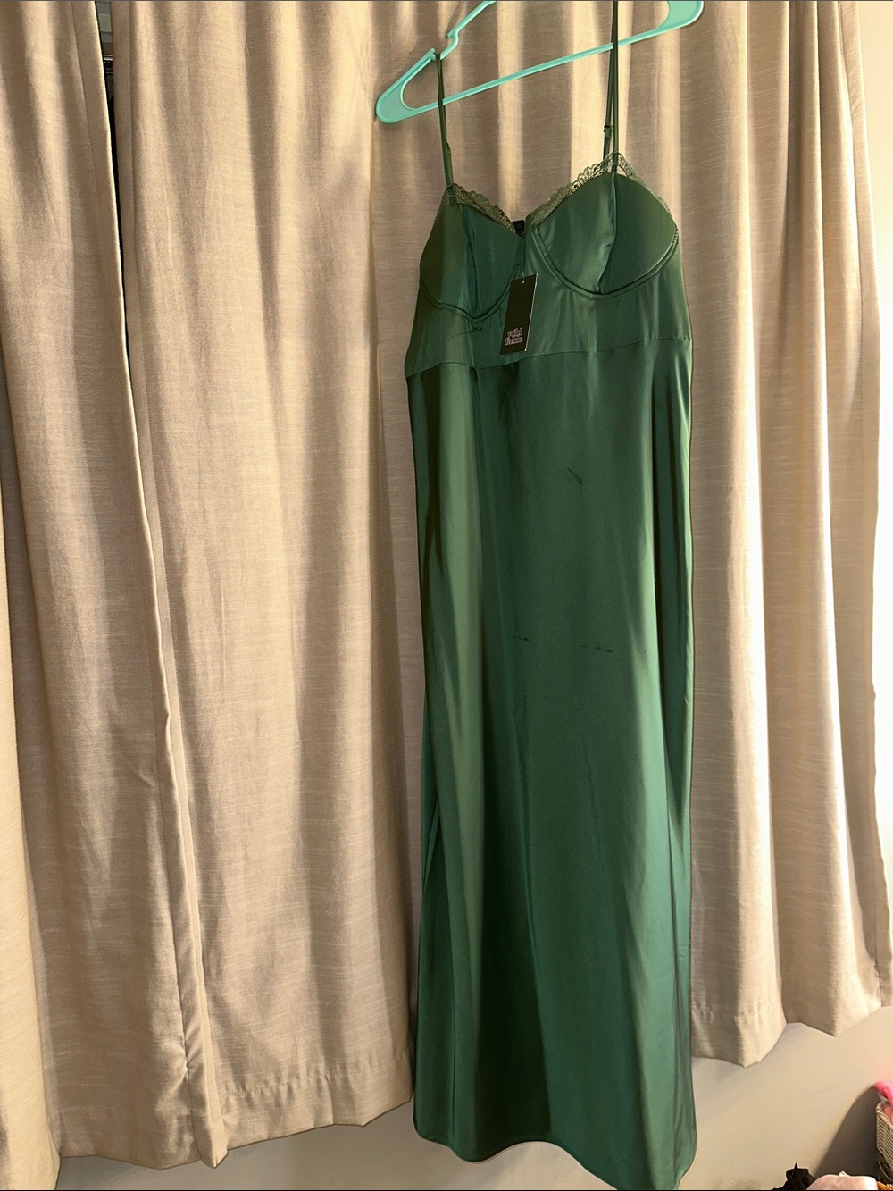 wild fable Emerald Green Satin Slip Dress with Lace Trim